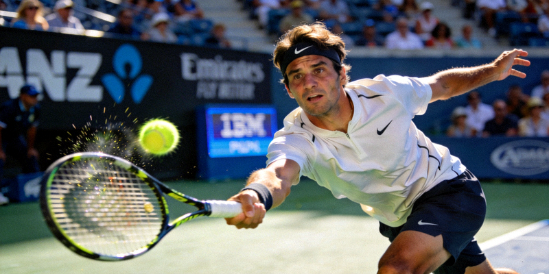 网球大满贯赛事中选手奋力挥拍击球的动作瞬间